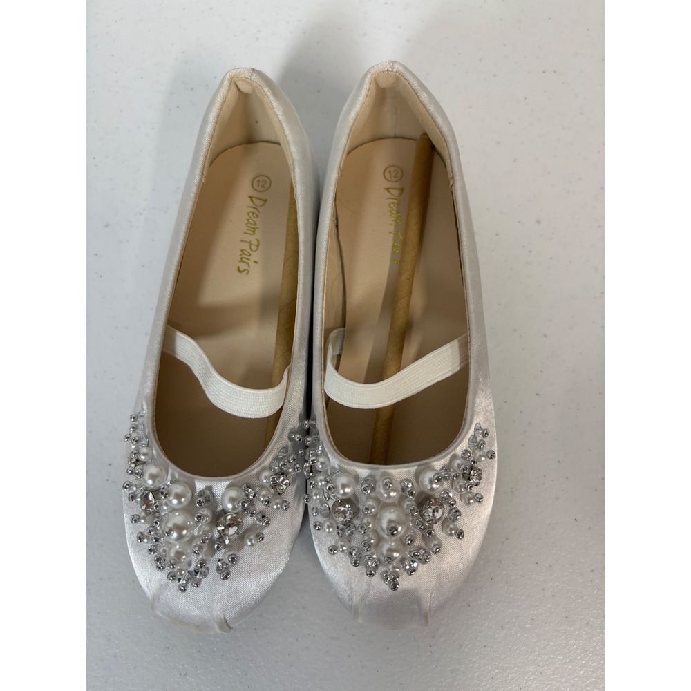 Dream Pairs Girls White Satin Pearl Rhinestone Mary Jane Ballet Flats Sz 12 NEW